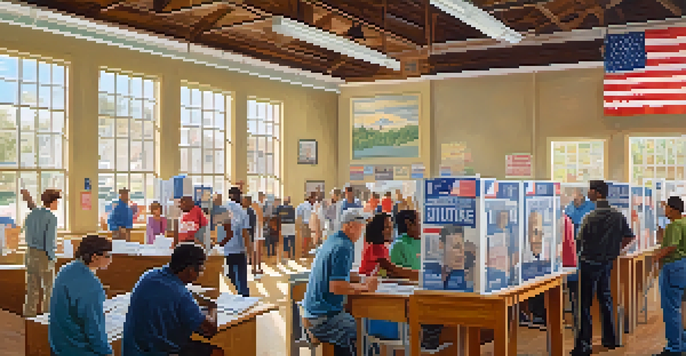 A lively polling station in Tennessee with diverse voters participating in a gubernatorial election, featuring campaign posters and bright sunlight.
