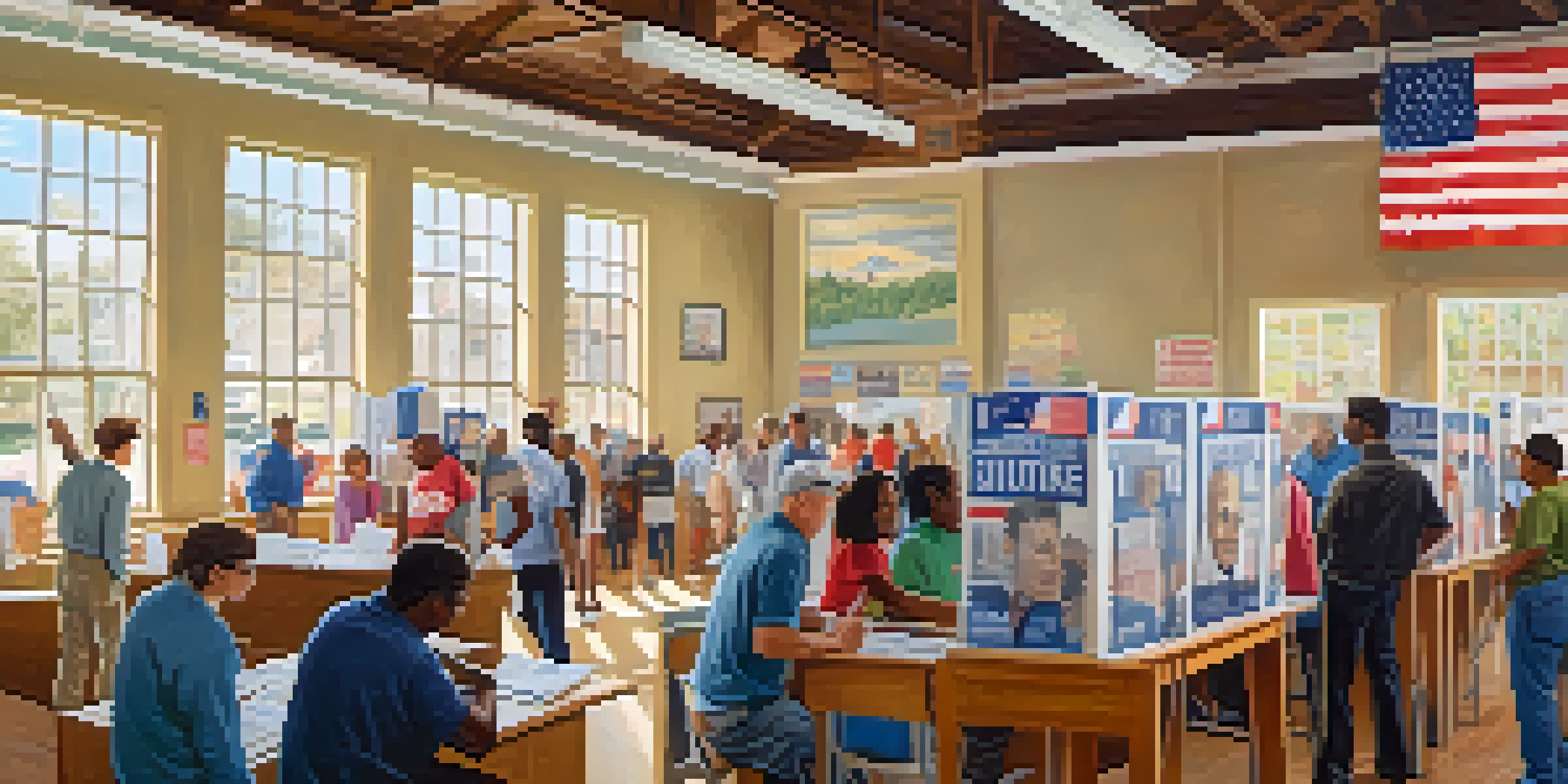 A lively polling station in Tennessee with diverse voters participating in a gubernatorial election, featuring campaign posters and bright sunlight.