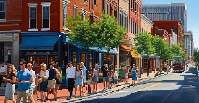 A lively Nashville street scene with a mix of historic and modern buildings.