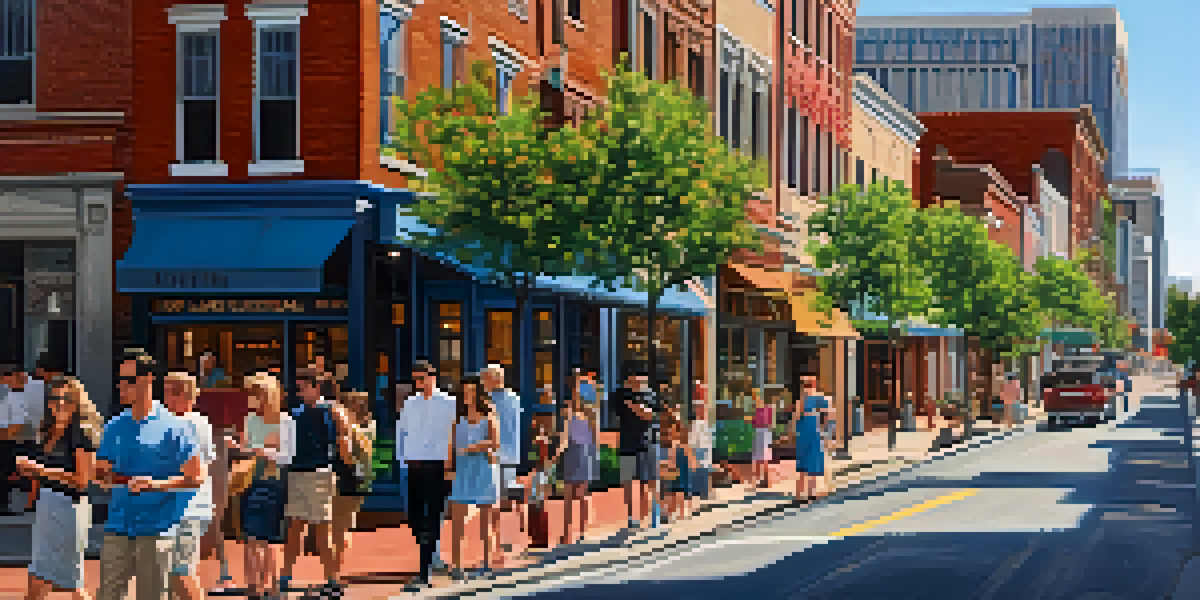 A lively Nashville street scene with a mix of historic and modern buildings.