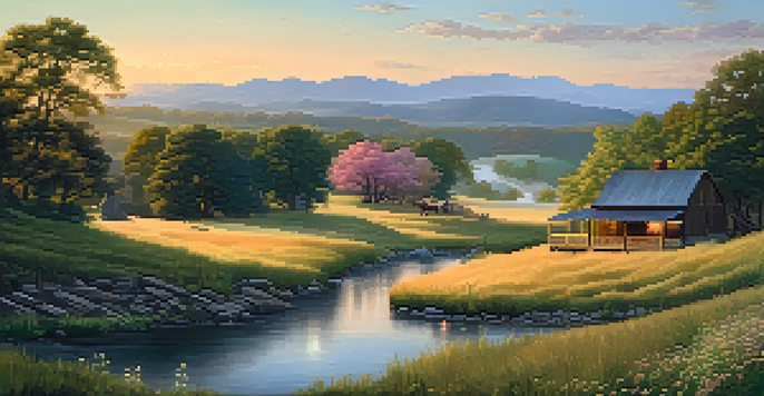 A peaceful Tennessee countryside scene from the Civil War era, with hills, a river, and a wooden cabin under a warm sunset light.