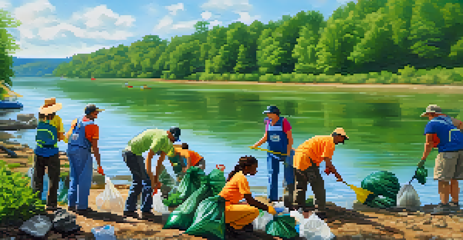 Community volunteers cleaning up the Tennessee River, surrounded by greenery and clear water.