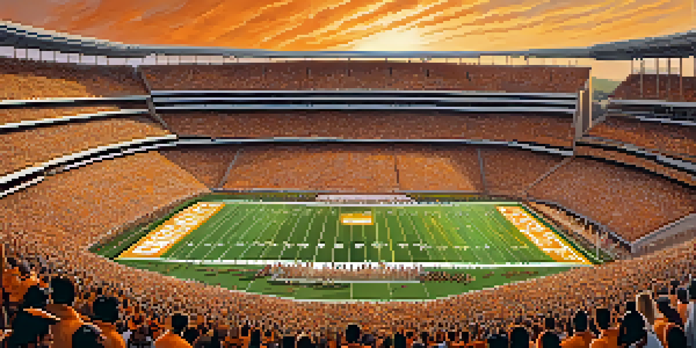 A lively college football game scene at Neyland Stadium with enthusiastic fans wearing team colors and a sunset in the background.