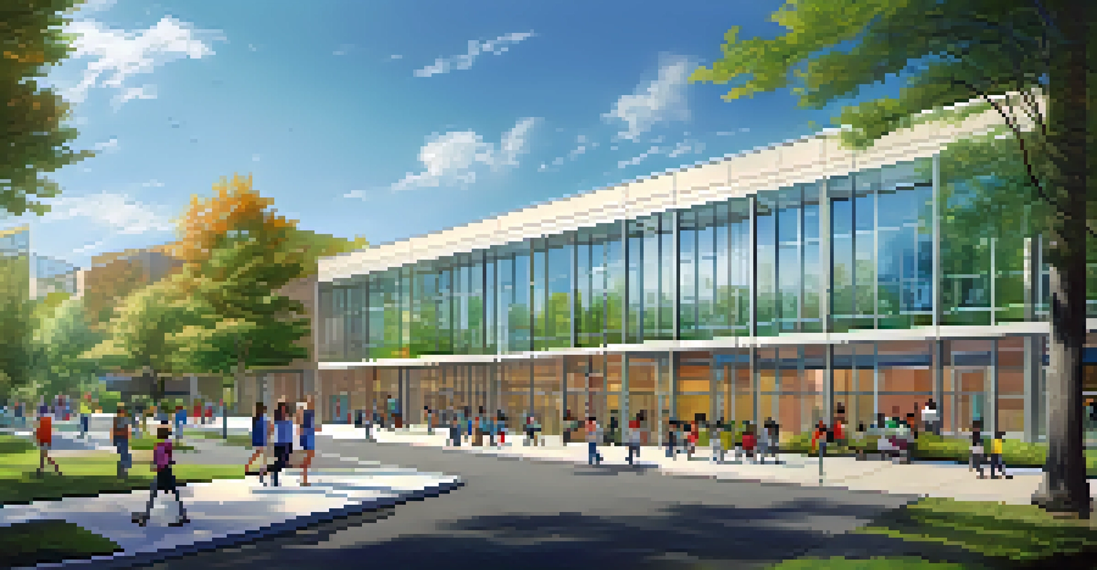 A modern charter school building with large glass windows, surrounded by greenery and families approaching the entrance.