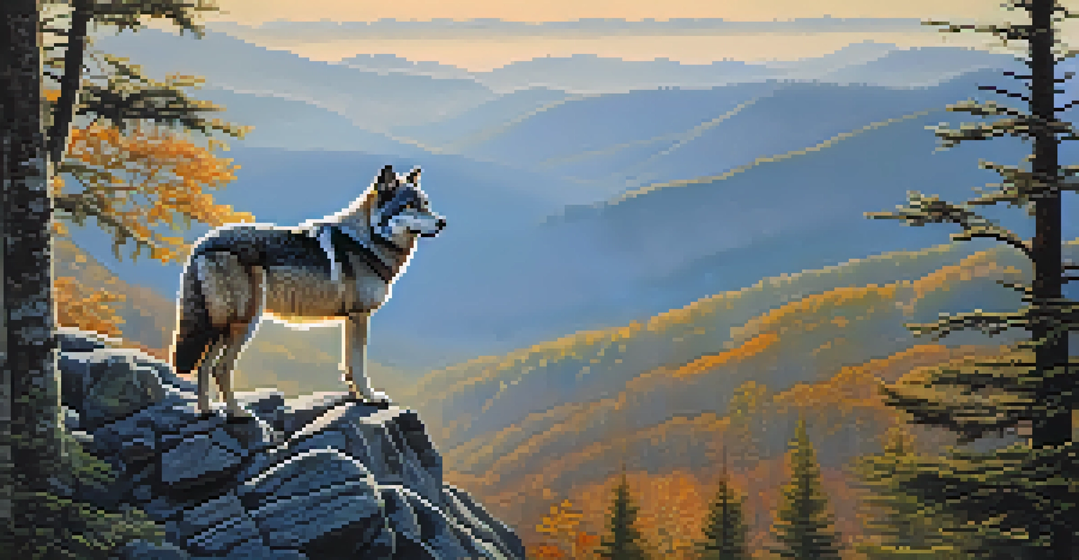 A Gray Wolf standing on a rocky outcrop with misty mountains in the background.