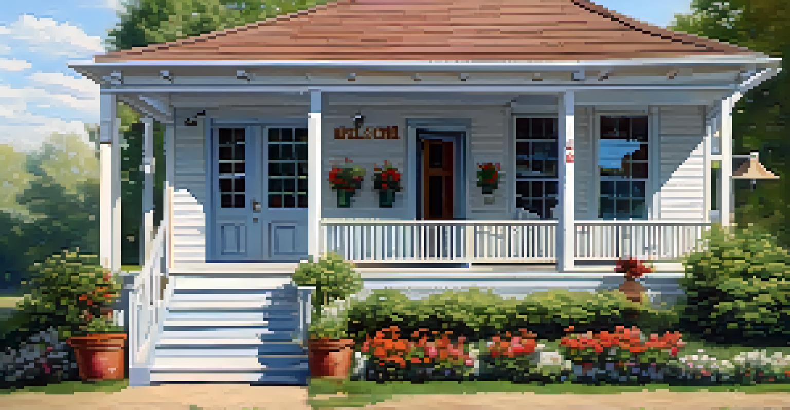 A rural healthcare clinic surrounded by greenery and flowers, with a sign that says 'Welcome'.