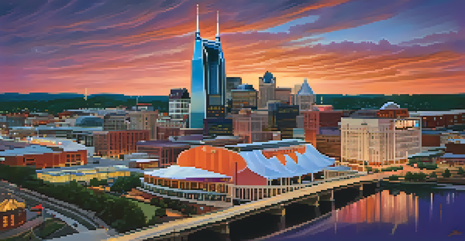 Aerial view of Nashville skyline at sunset, featuring the AT&T Building and the Country Music Hall of Fame, with a lively festival below.