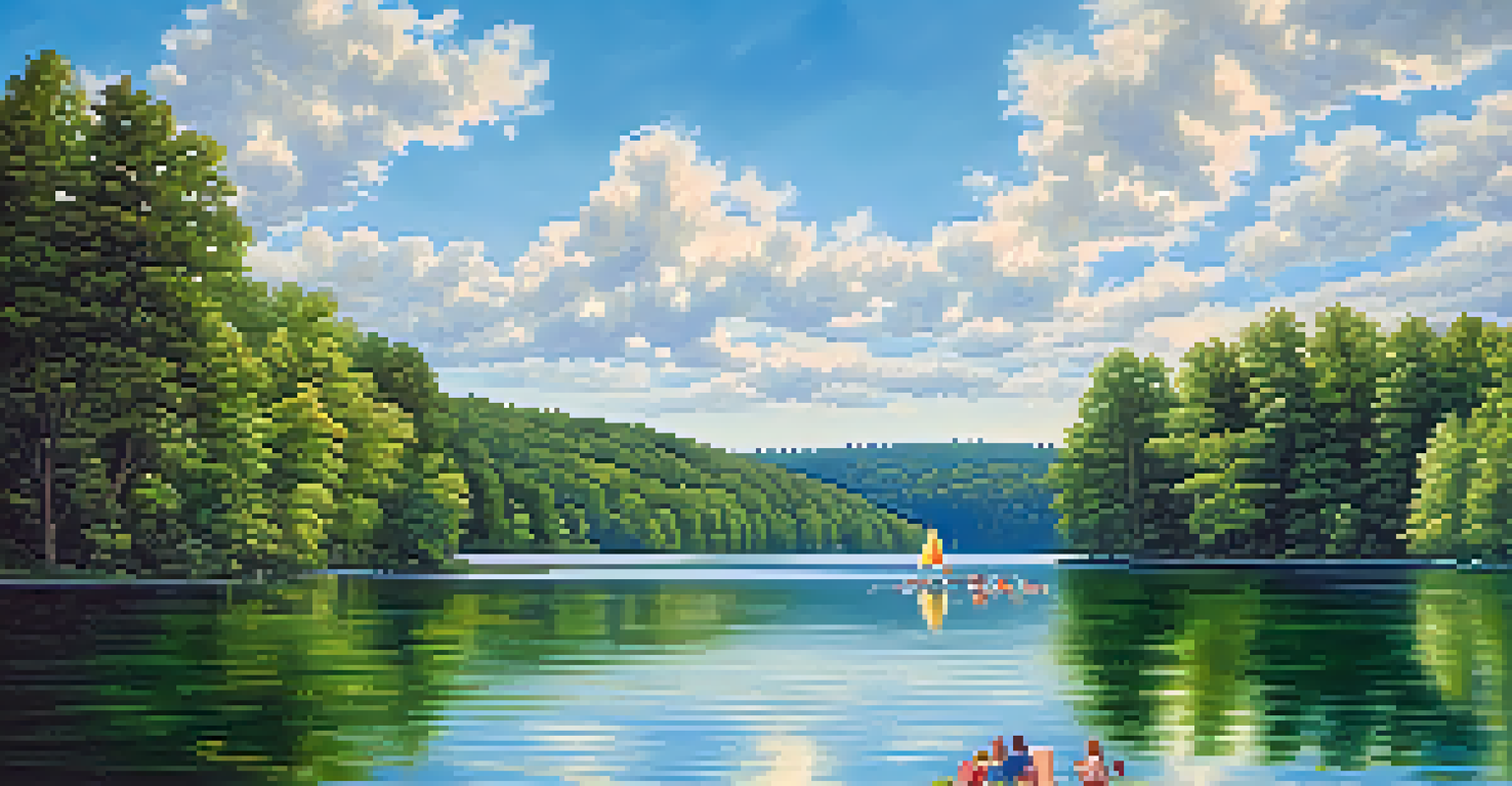 A lively summer day at a lake in Tennessee, featuring families picnicking and children swimming.