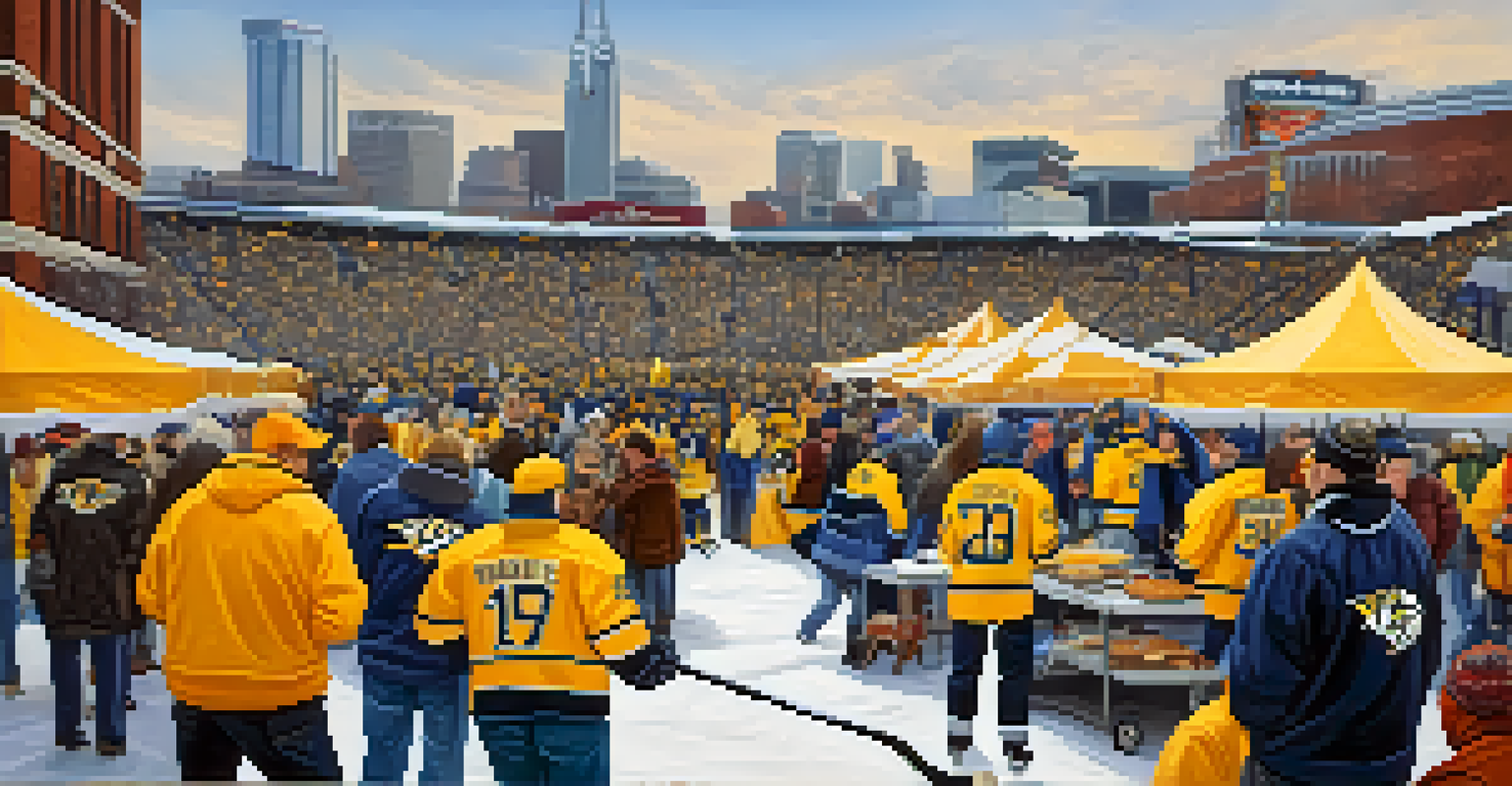 A festive tailgating scene with Nashville Predators fans enjoying food and drinks outside Bridgestone Arena.