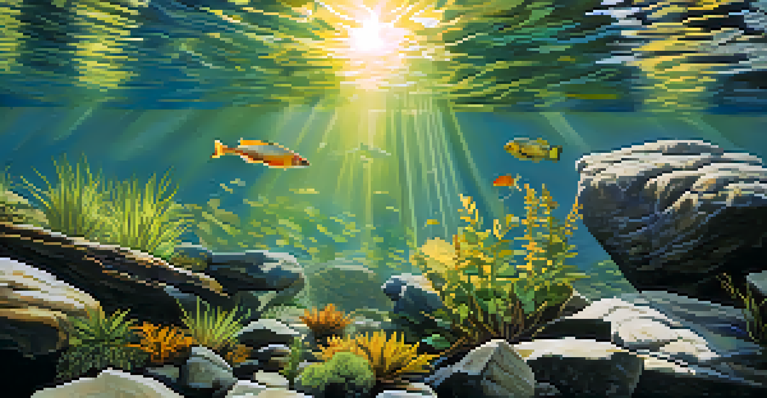 A detailed view of a freshwater ecosystem in Tennessee with fish and aquatic plants in clear water.