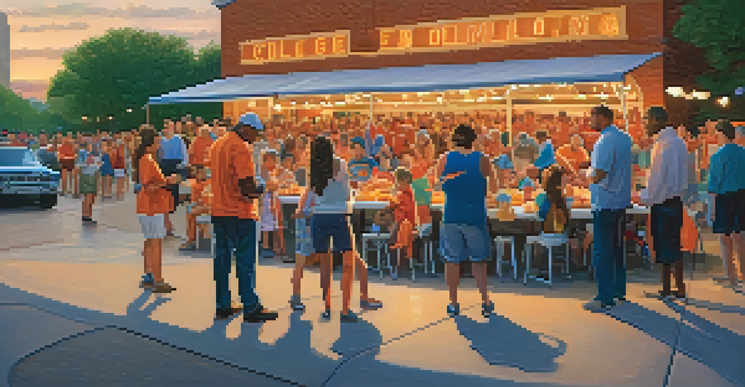 A family enjoying a tailgate party before a college basketball game, surrounded by food and team colors.