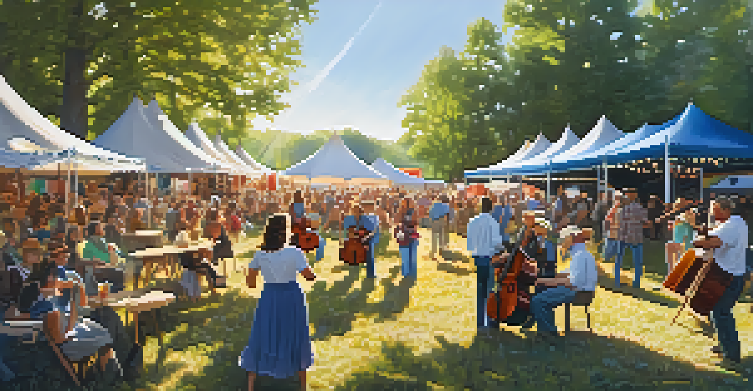 Musicians performing bluegrass music at a festival in Tennessee, with a joyful audience and bright sunlight filtering through trees.