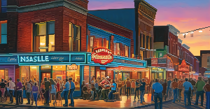 A lively honky-tonk in Nashville at dusk with people enjoying live country music, illuminated by neon lights.