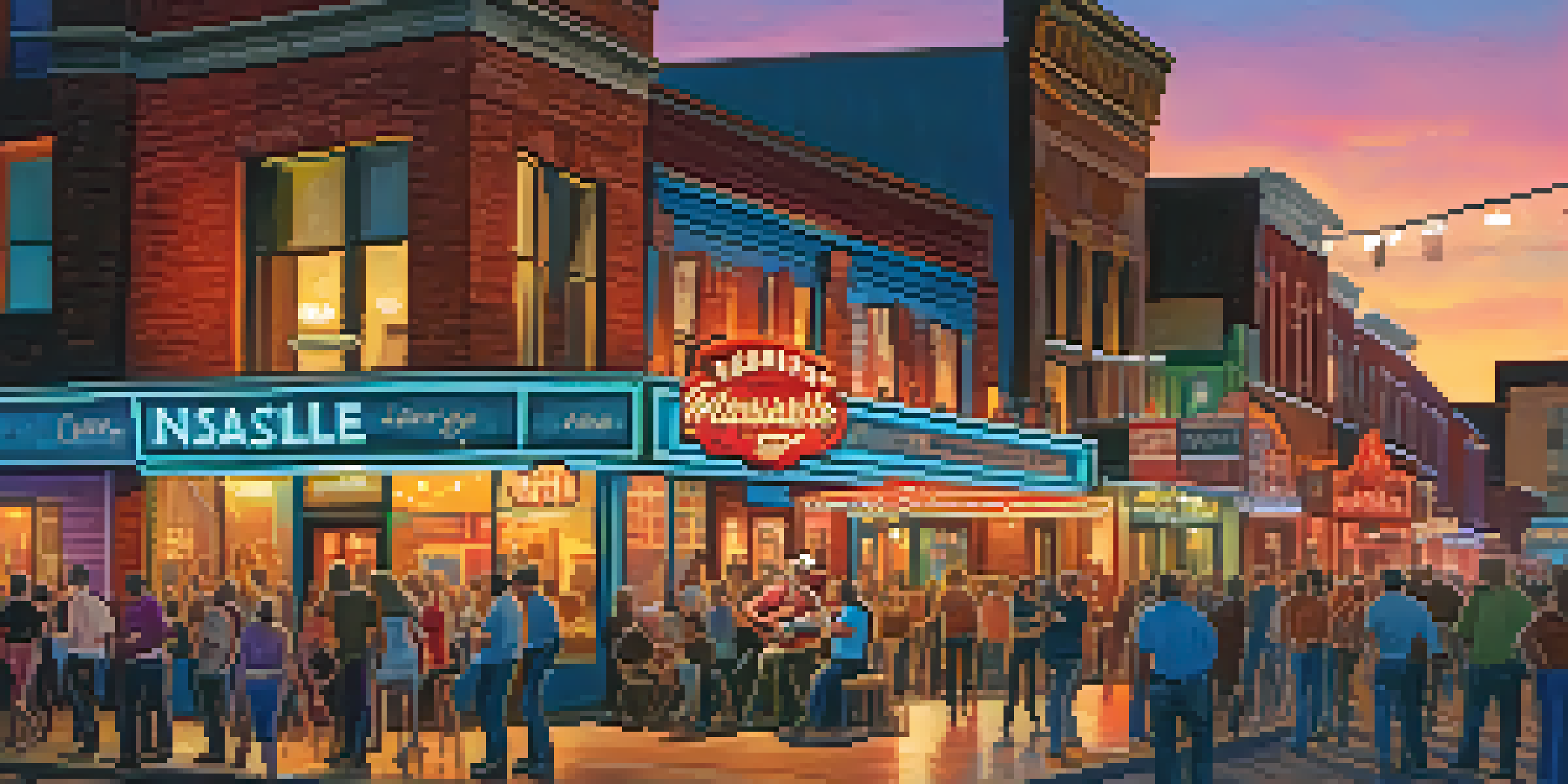 A lively honky-tonk in Nashville at dusk with people enjoying live country music, illuminated by neon lights.