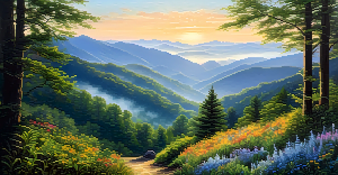 A beautiful view of the Great Smoky Mountains at sunrise with misty hills and colorful wildflowers in the foreground.