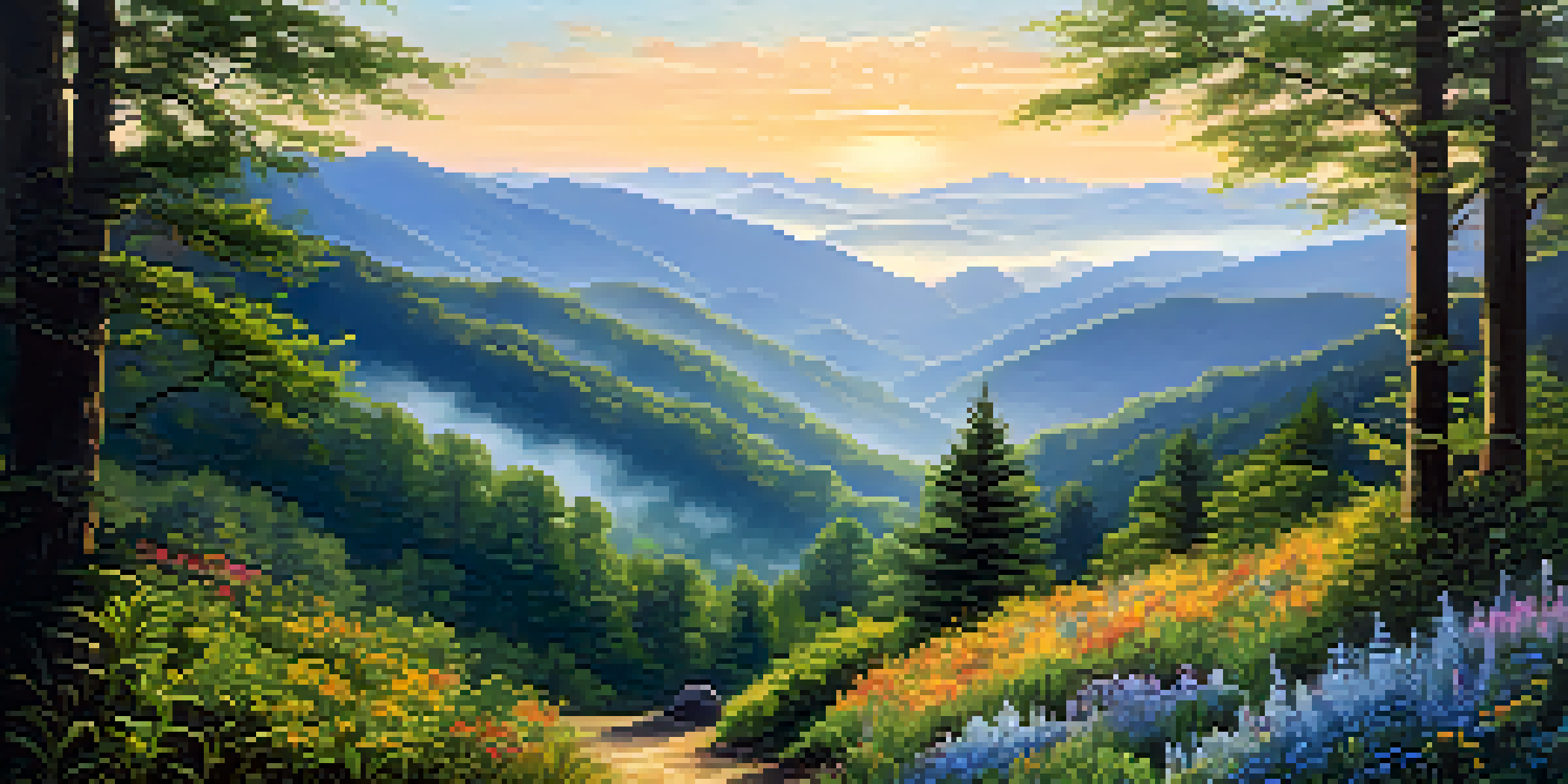A beautiful view of the Great Smoky Mountains at sunrise with misty hills and colorful wildflowers in the foreground.