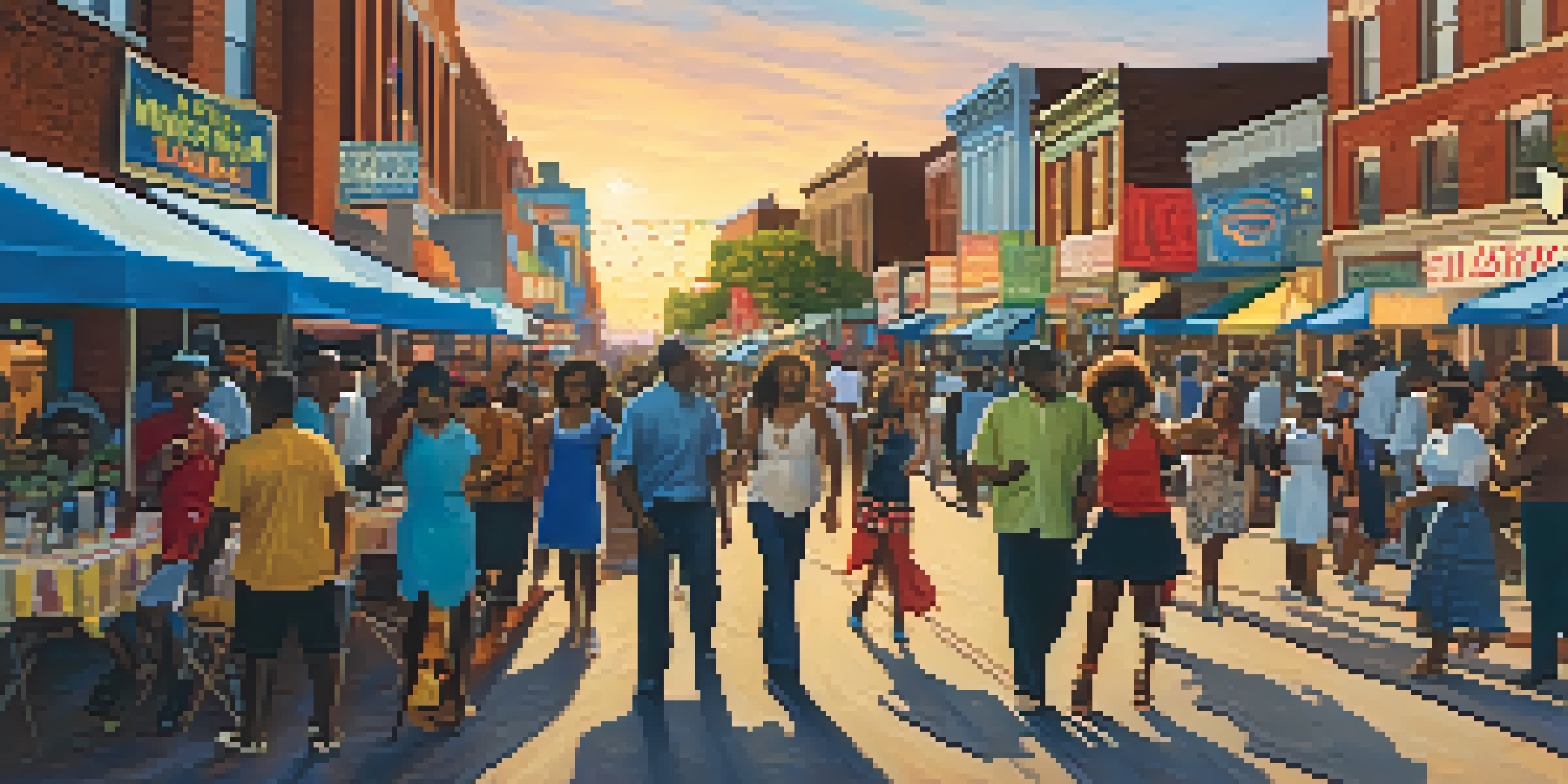 A lively street festival in Memphis with diverse people enjoying blues music, colorful banners, and food stalls under warm evening light.