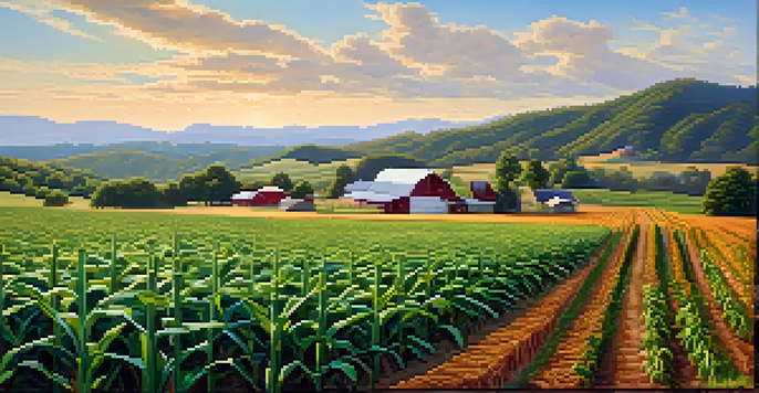 A peaceful Tennessee landscape with colorful fields of corn, beans, and squash, under a bright blue sky and warm sunlight.