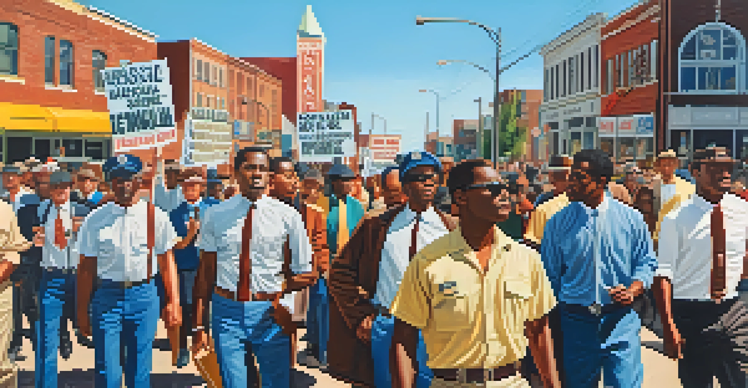 A Civil Rights protest in Nashville during the 1960s, featuring diverse activists holding signs for equality against an urban backdrop.