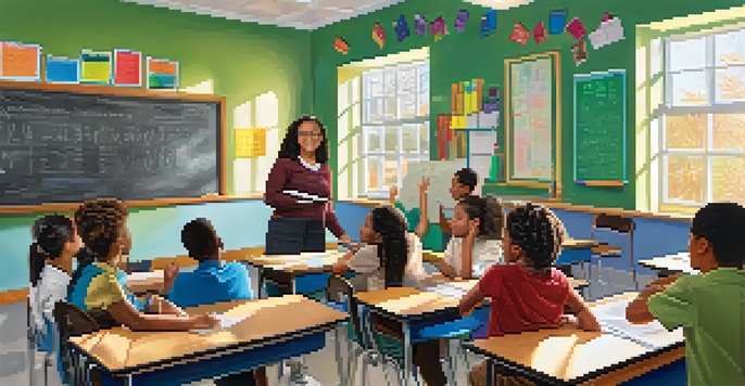 A lively classroom with diverse students participating in a math lesson, under bright natural light.
