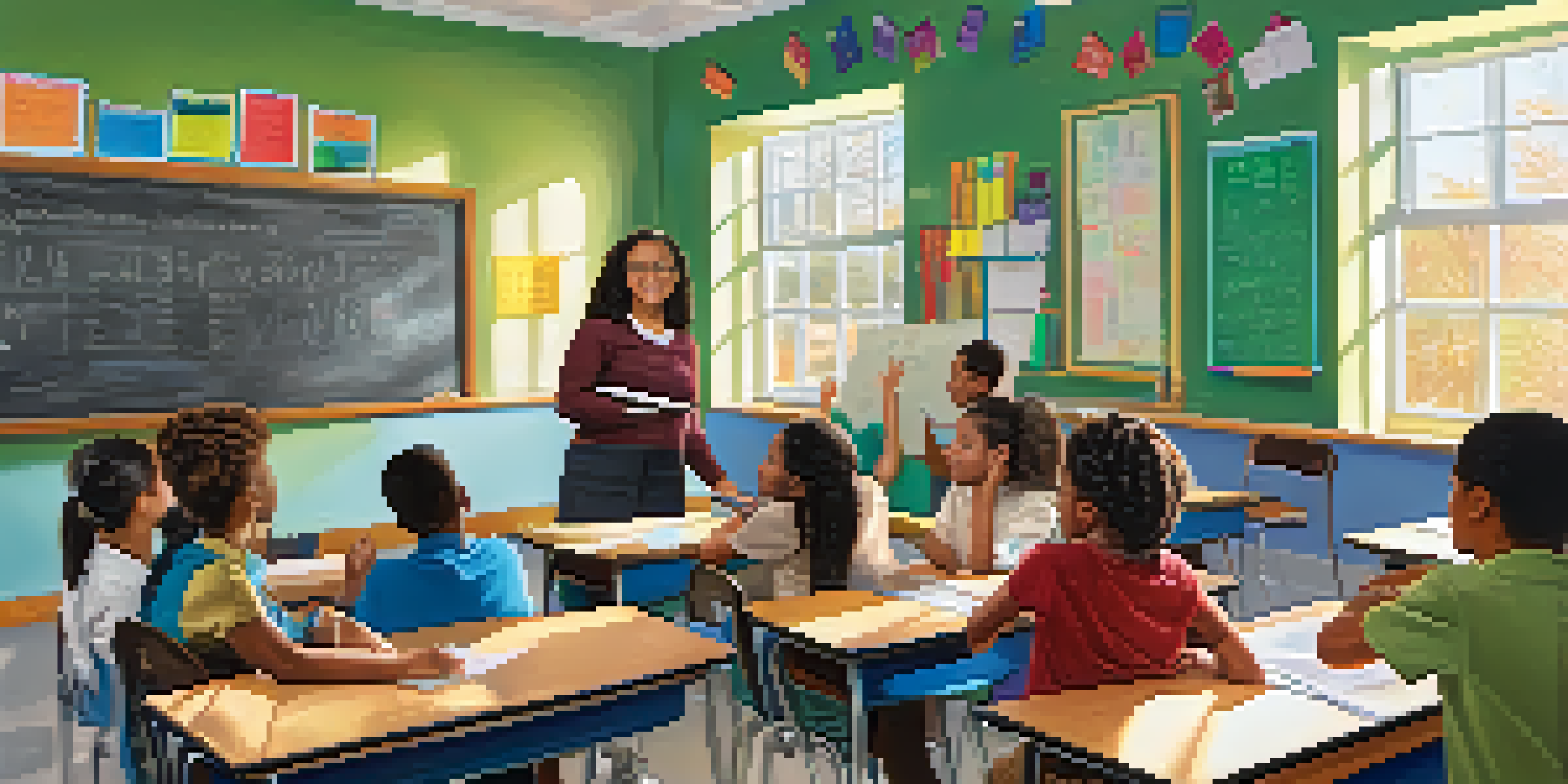 A lively classroom with diverse students participating in a math lesson, under bright natural light.