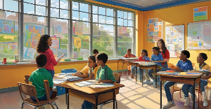 A lively classroom filled with diverse students and a teacher, surrounded by educational materials and bright natural light.