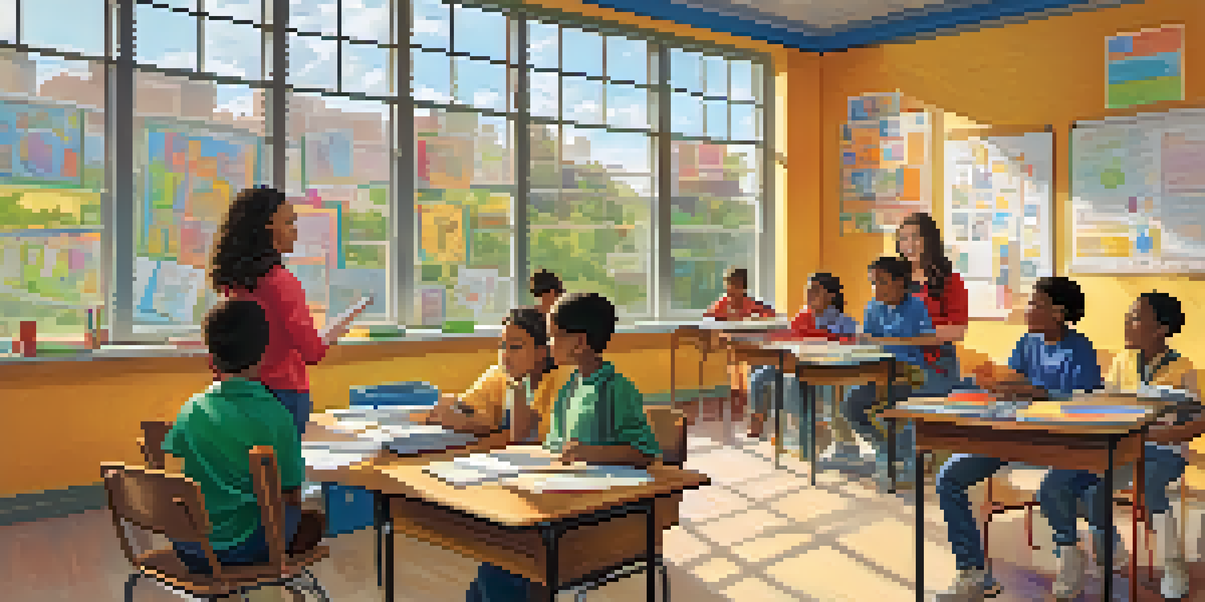 A lively classroom filled with diverse students and a teacher, surrounded by educational materials and bright natural light.