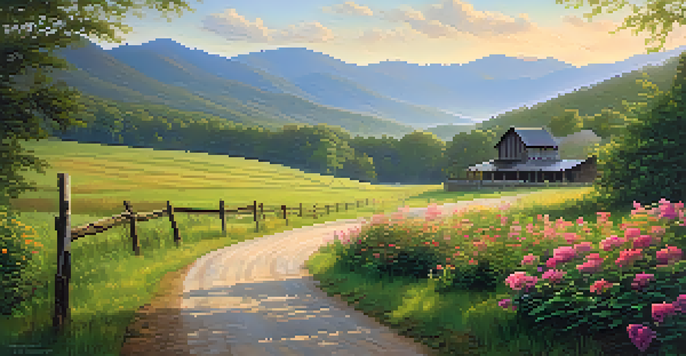 A tranquil valley in Cades Cove, surrounded by mountains with a winding road and wildflowers in the foreground.