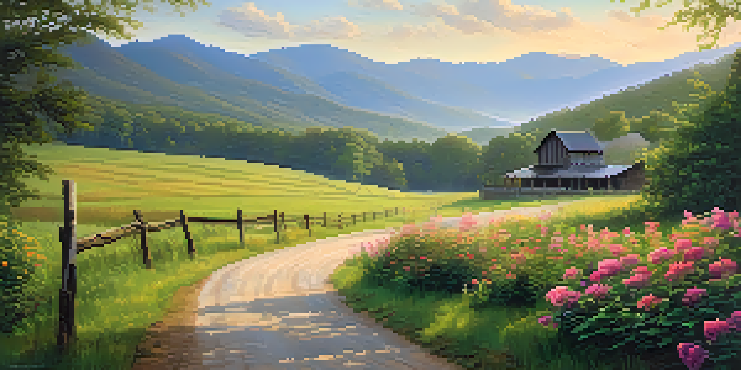 A tranquil valley in Cades Cove, surrounded by mountains with a winding road and wildflowers in the foreground.