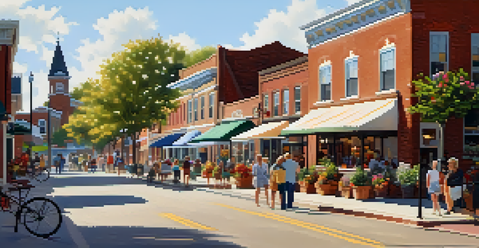 A sunny day in a small Tennessee town square with brick buildings and a flower garden, showcasing local community interactions.