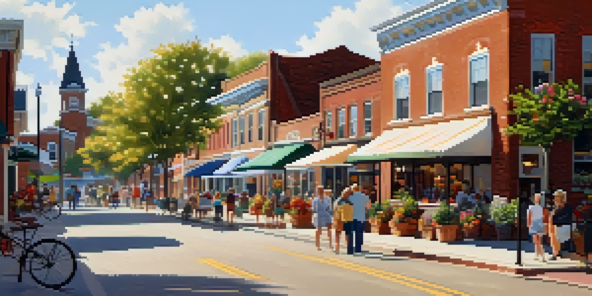 A sunny day in a small Tennessee town square with brick buildings and a flower garden, showcasing local community interactions.