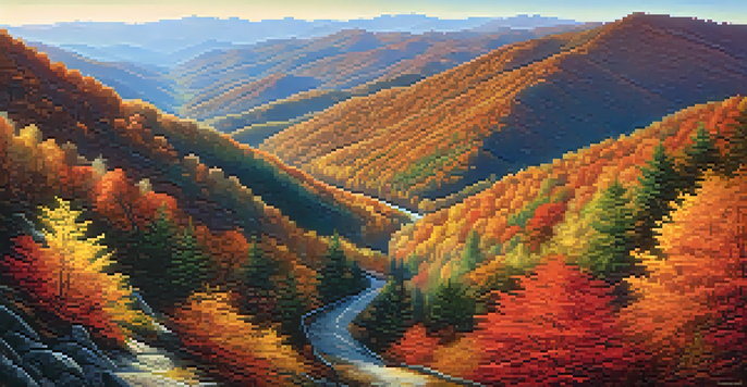 A scenic view of the Great Smoky Mountains in autumn, with colorful foliage and a misty atmosphere.