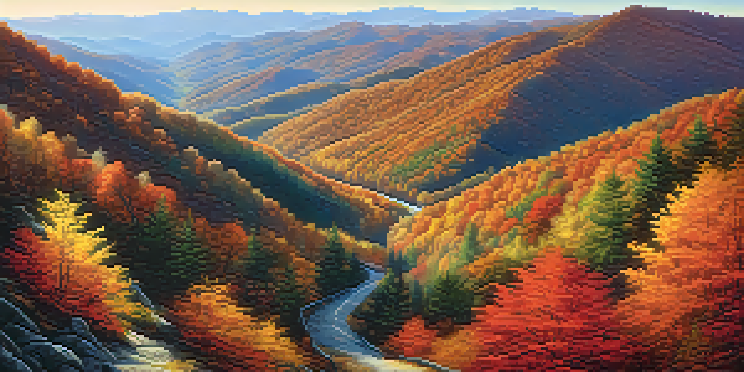 A scenic view of the Great Smoky Mountains in autumn, with colorful foliage and a misty atmosphere.