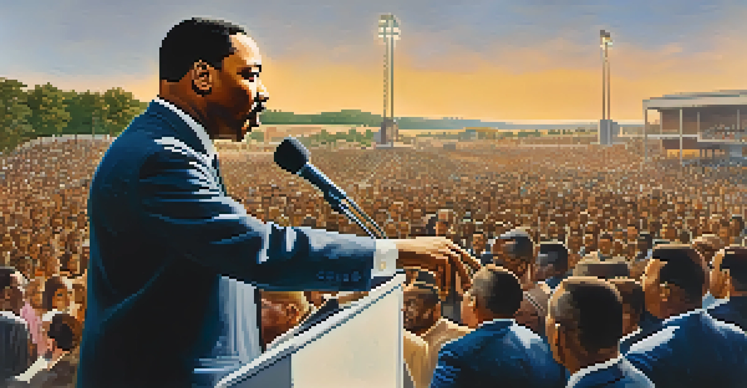 Martin Luther King Jr. delivering his famous 'I've Been to the Mountaintop' speech in Memphis, surrounded by an attentive crowd at sunset.