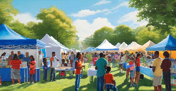 A lively scene of a community health fair with families participating in health screenings and workshops, colorful tents, and healthcare professionals engaging with attendees.