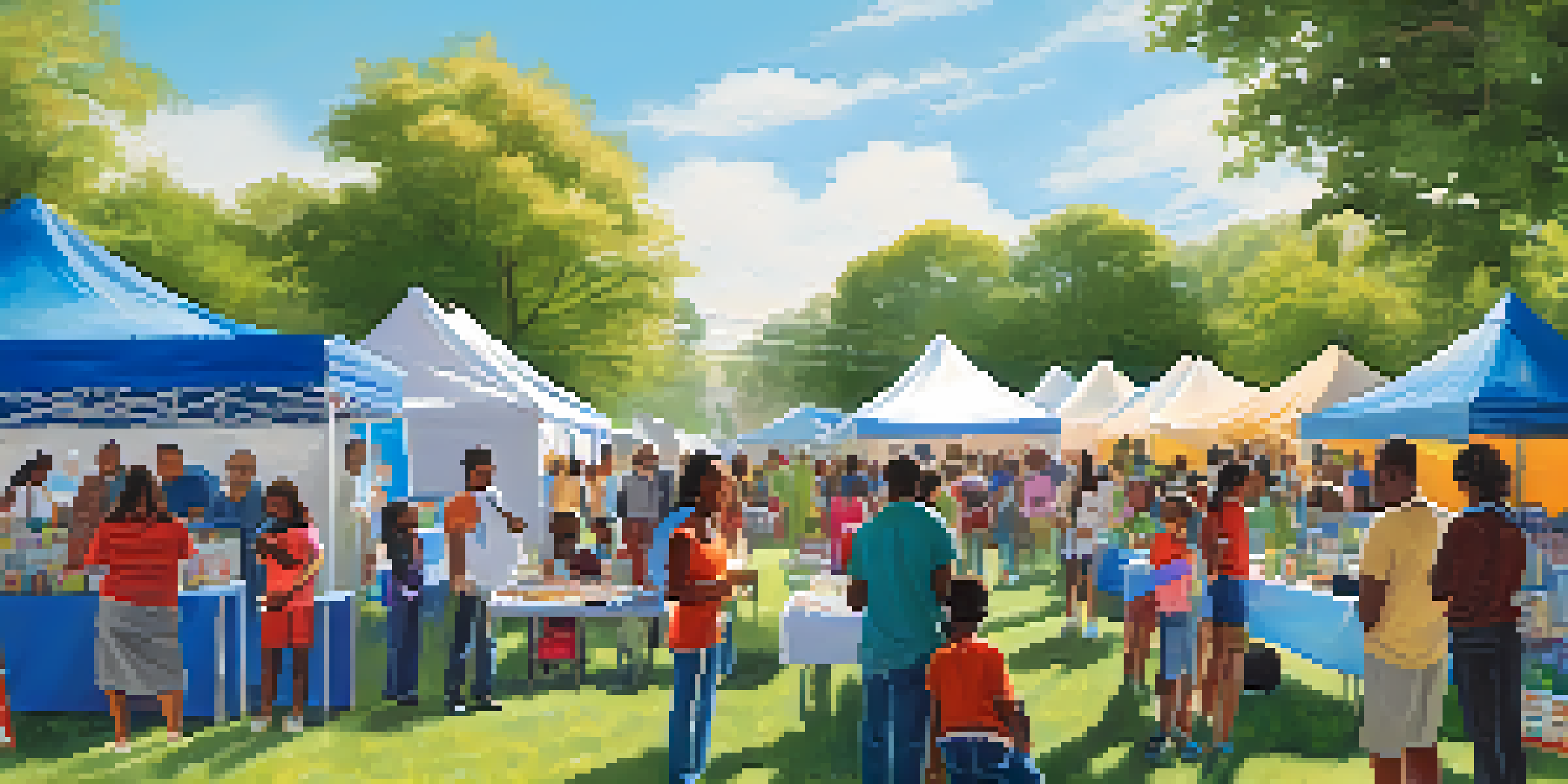 A lively scene of a community health fair with families participating in health screenings and workshops, colorful tents, and healthcare professionals engaging with attendees.
