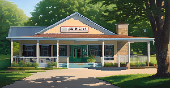 A peaceful rural healthcare clinic in Tennessee, surrounded by nature, with a welcoming entrance and soft sunlight filtering through the trees.