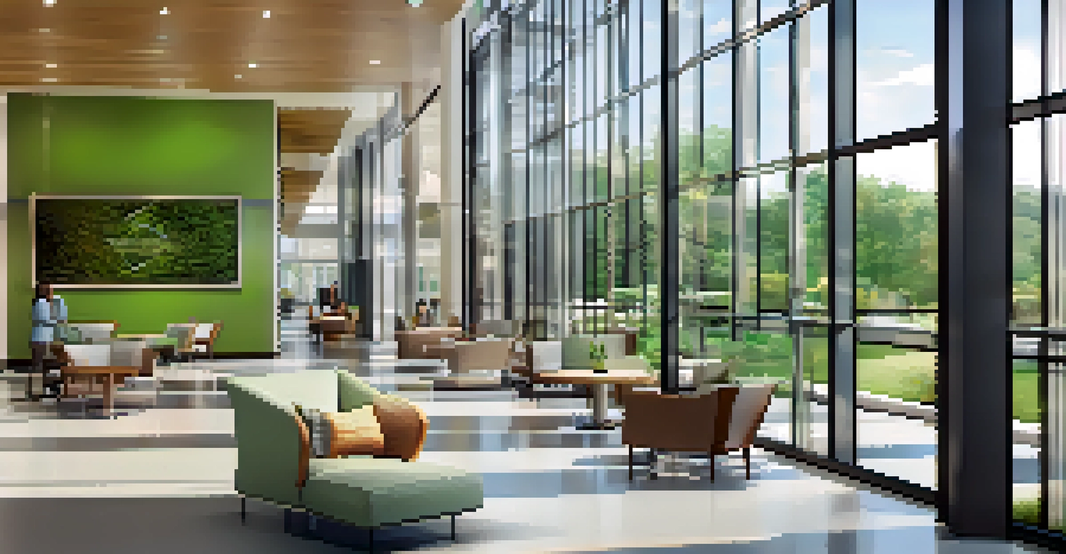 A modern healthcare facility in Nashville with glass walls and healthcare professionals interacting with patients in a bright space.