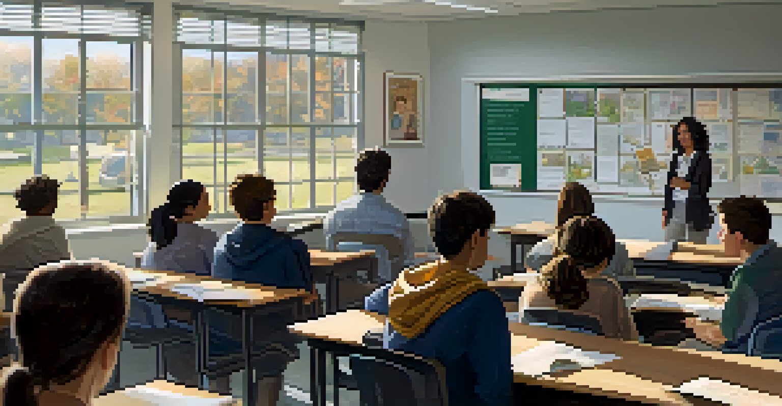 An indoor classroom with a teacher lecturing a small group of adult learners, illuminated by natural light.