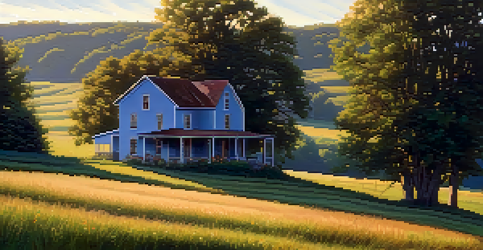 A peaceful rural landscape in Tennessee with a farmhouse and wildflowers under a sunset sky.