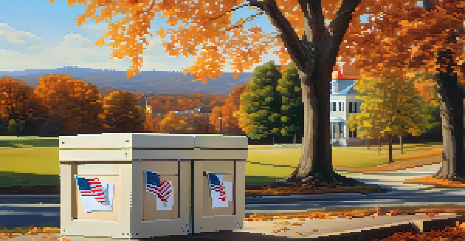 A ballot box filled with votes in a scenic Tennessee town, surrounded by historic buildings and colorful fall leaves.