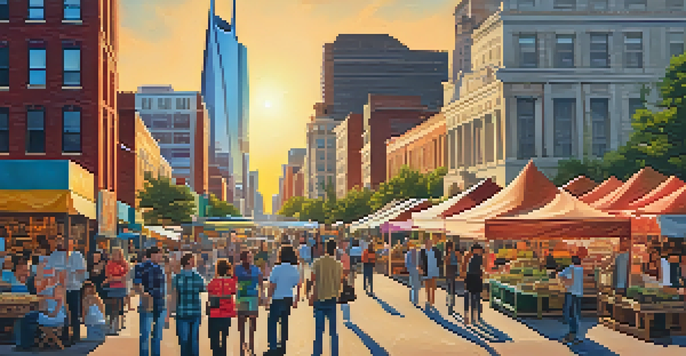 A lively street market in Nashville, Tennessee, with diverse people and a skyline of modern and historic buildings during sunset.