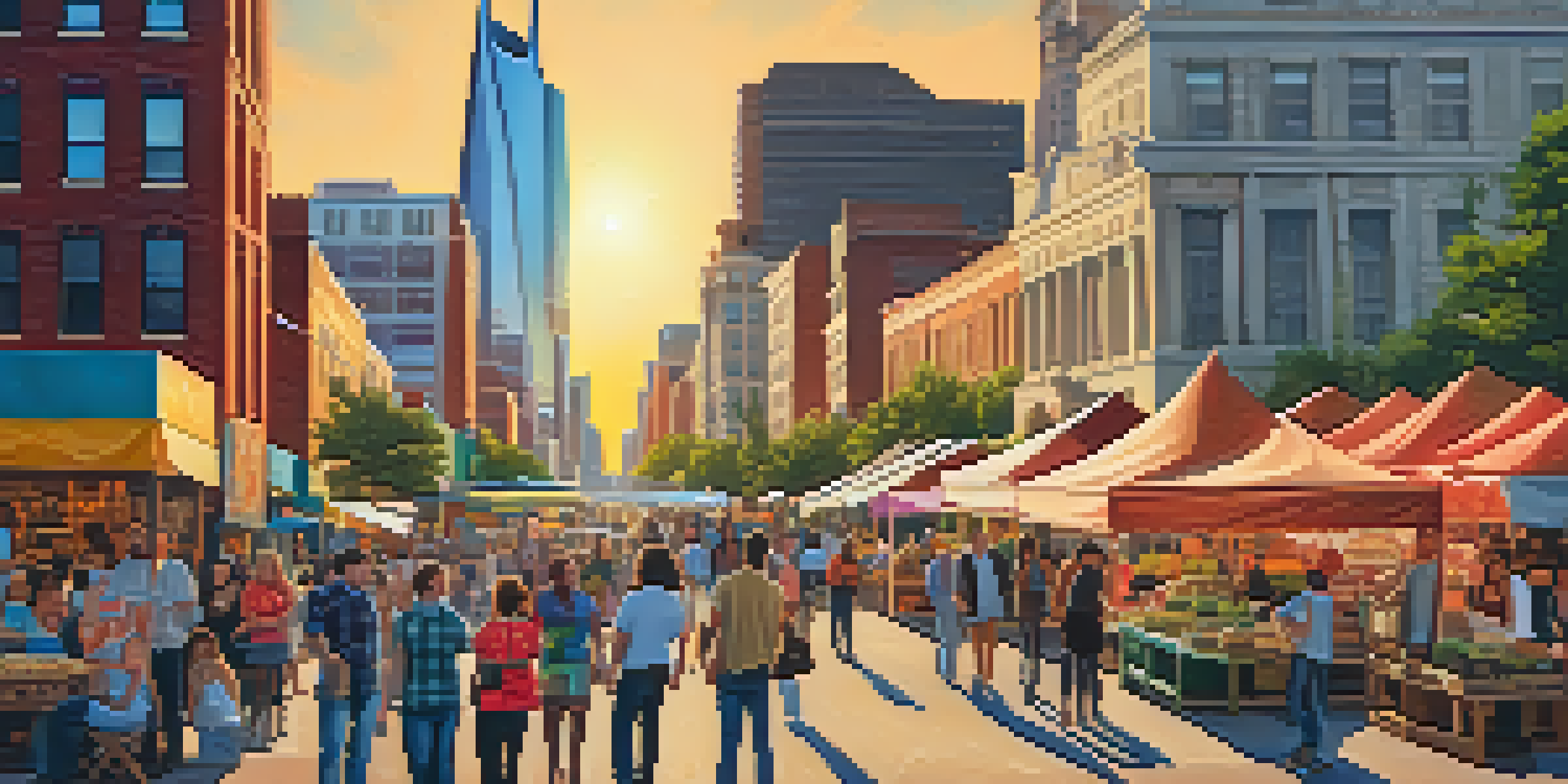A lively street market in Nashville, Tennessee, with diverse people and a skyline of modern and historic buildings during sunset.
