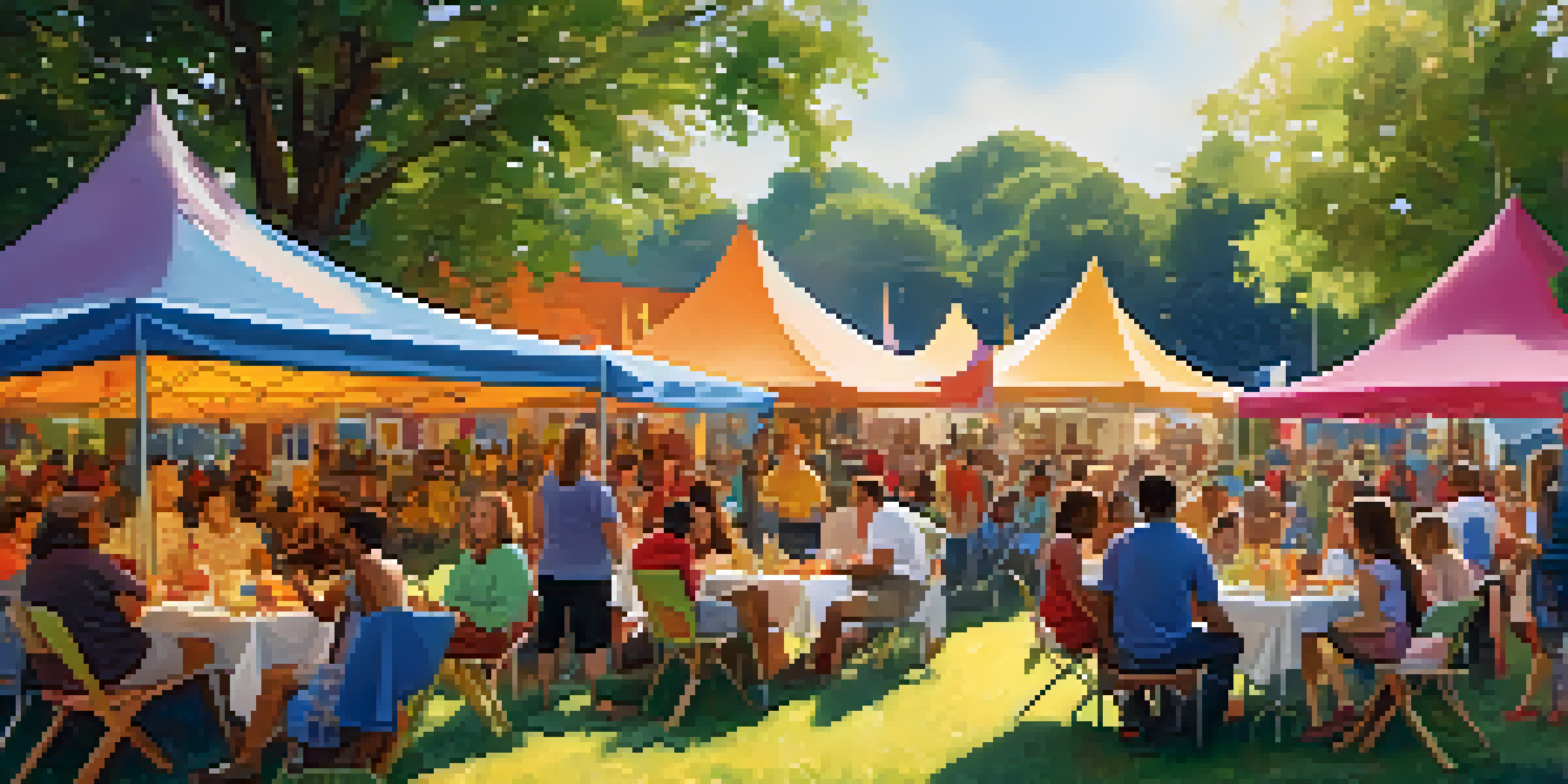 A lively community festival in Tennessee with diverse groups of people enjoying food and music, under colorful tents and in a sunlit park.