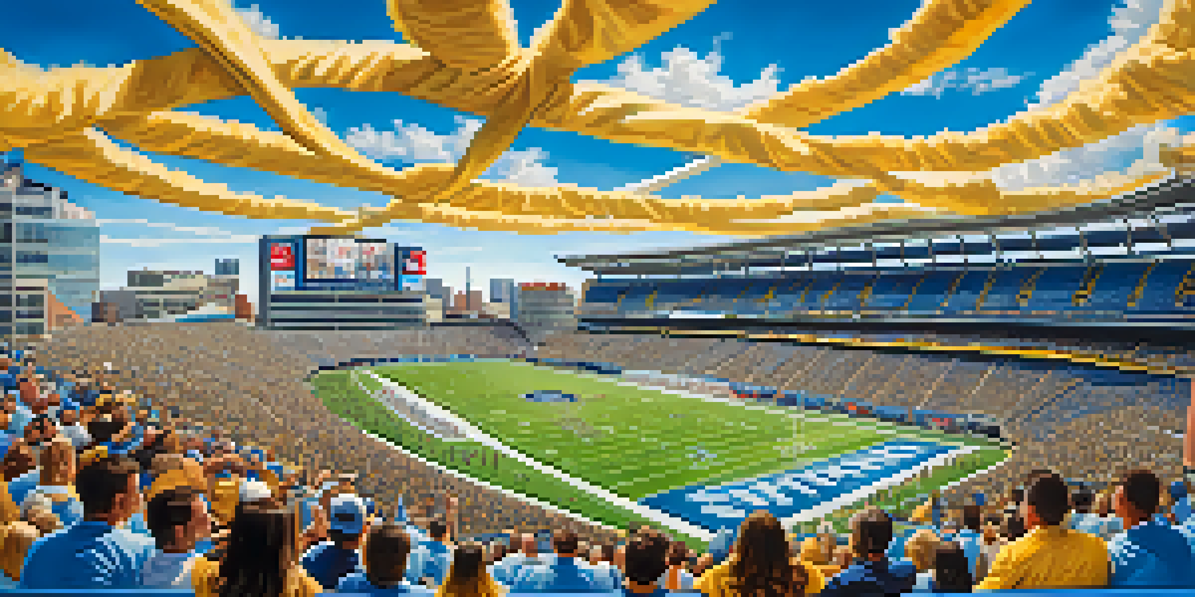 A panoramic view of Nissan Stadium packed with fans in blue and gold, with the Nashville skyline in the background.