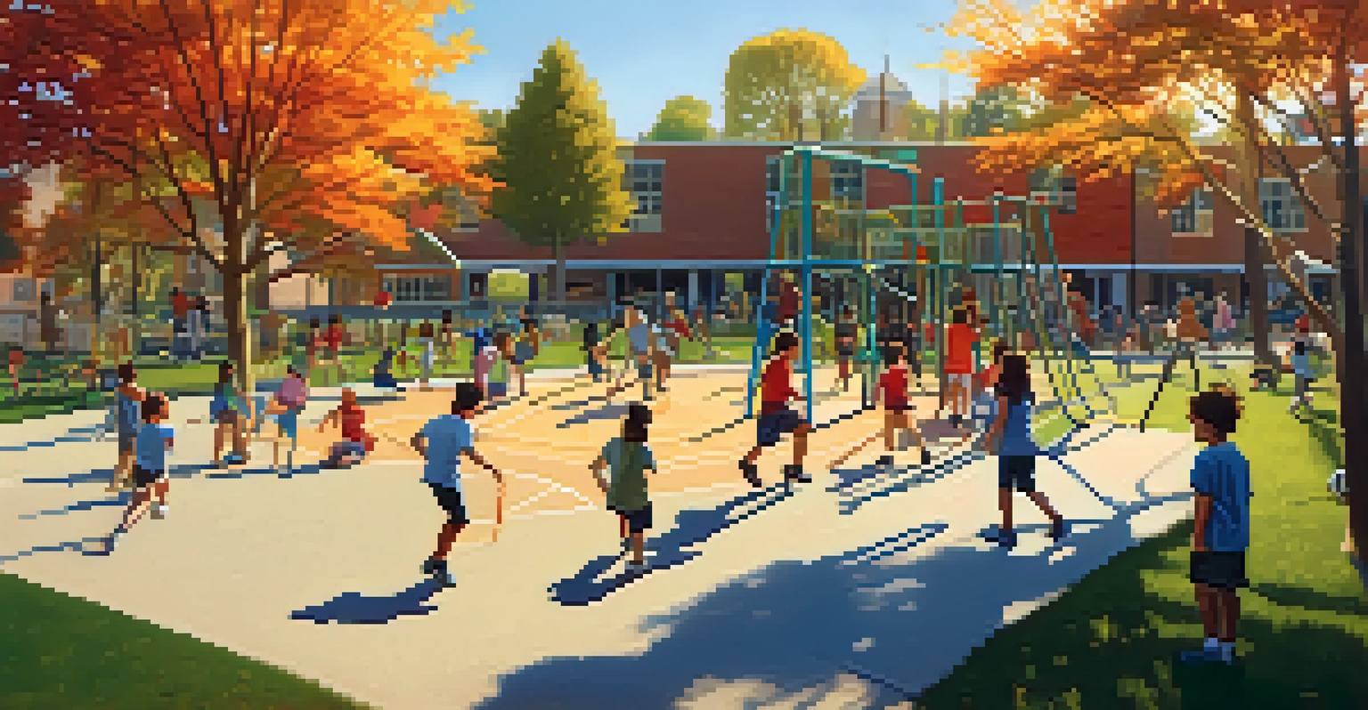 Children playing on a school playground with soccer, swings, and climbing structures under a bright sun.