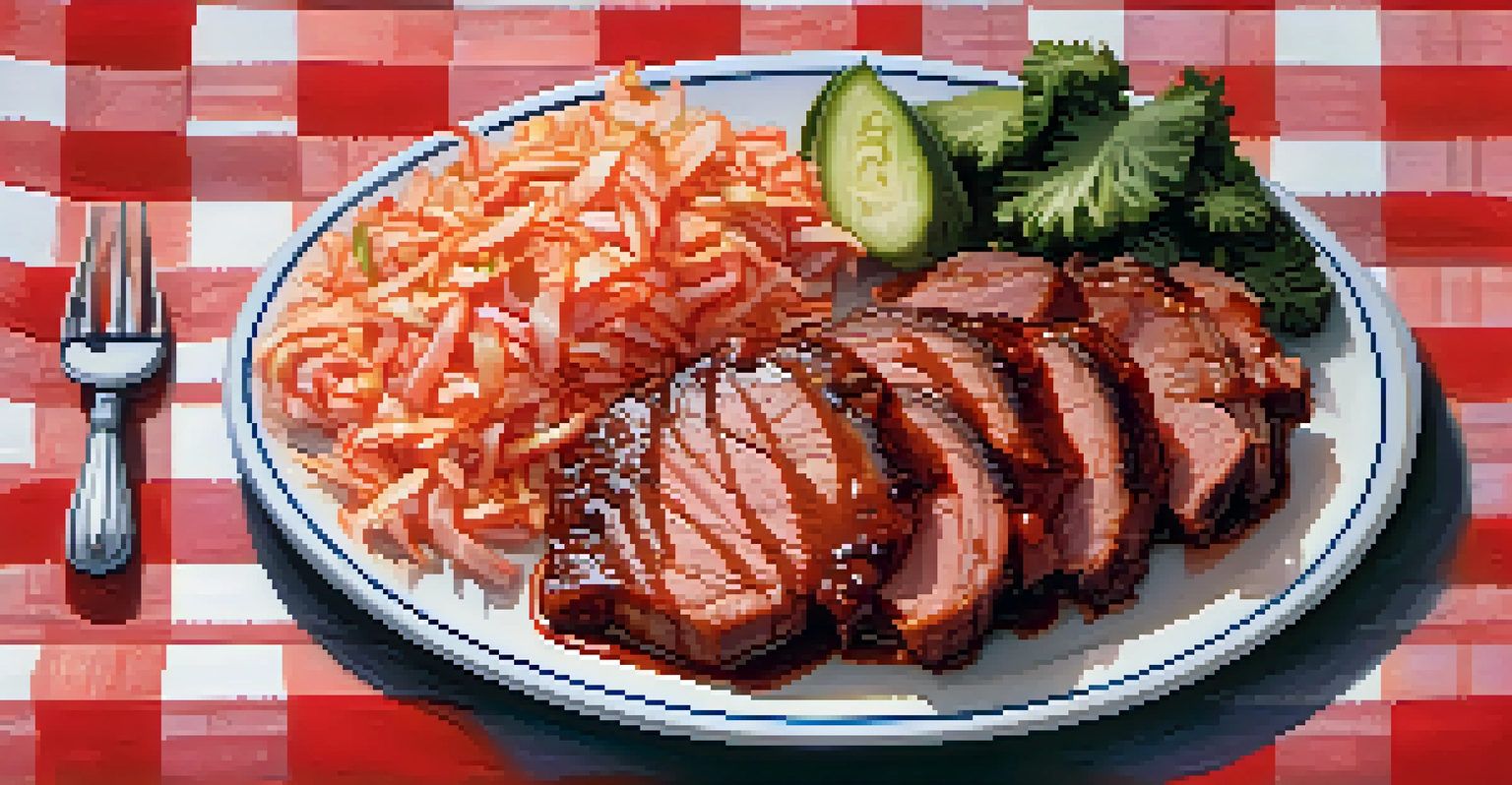 A plate of Memphis-style BBQ with slow-smoked pork, coleslaw, and pickles on a checkered tablecloth.