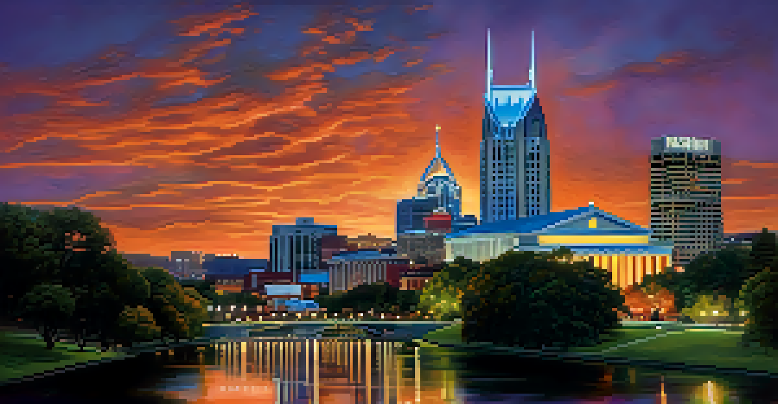 The Nashville skyline at dusk with the Parthenon replica illuminated and reflecting in a pond.