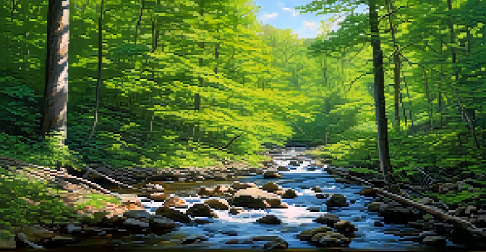 A tranquil scene of a green forest in Tennessee with a flowing stream and birds, highlighting the beauty of nature.