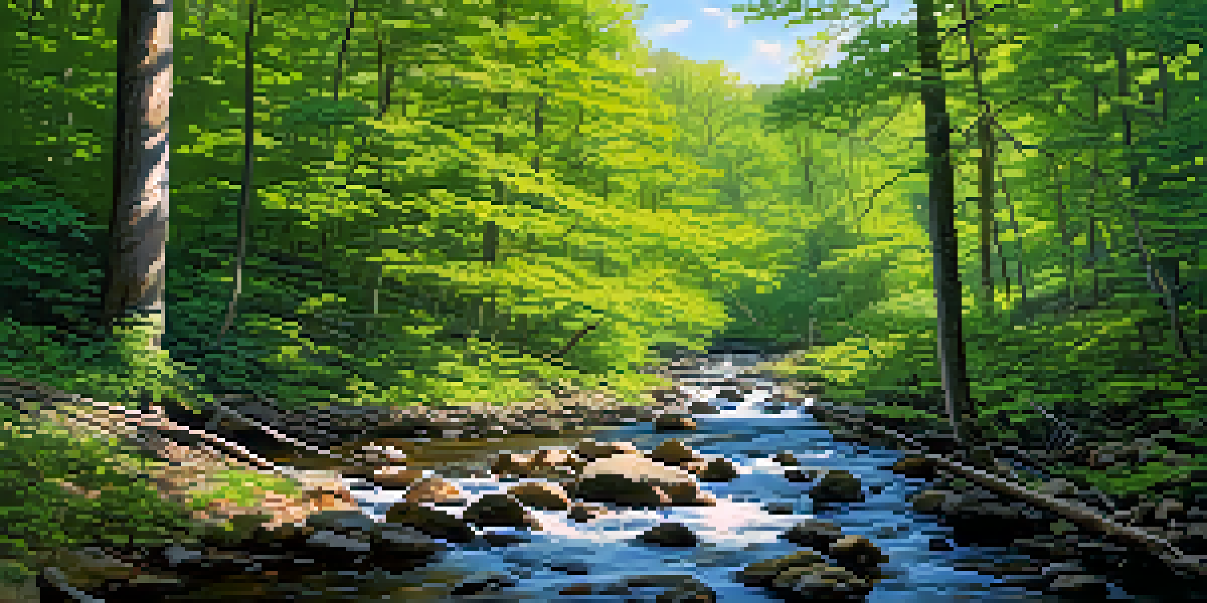 A tranquil scene of a green forest in Tennessee with a flowing stream and birds, highlighting the beauty of nature.